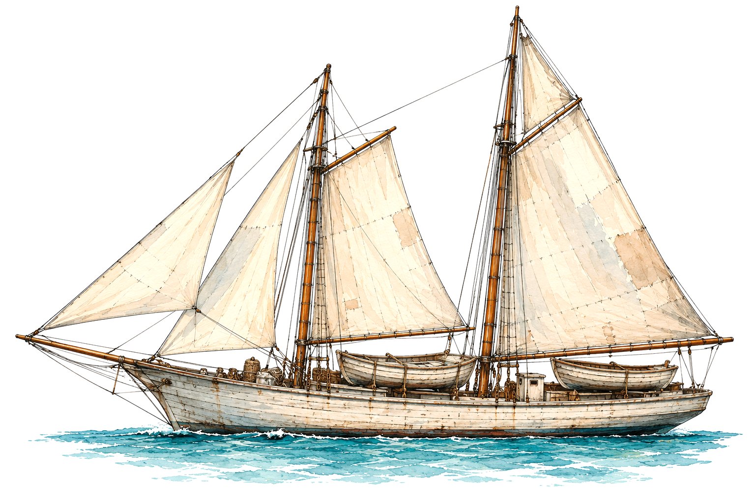 Watercolour of a Cayman Brac turtling schooner under sail, two catboats lashed on deck